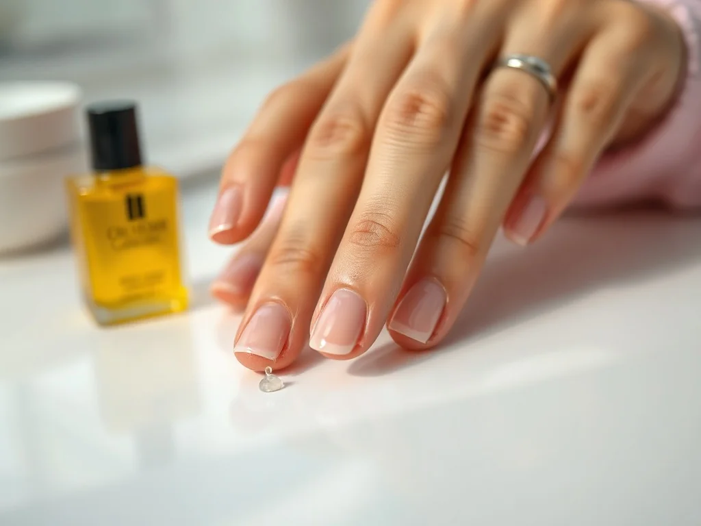 Dłoń z nałożonym żelem do usuwania skórek na płytce paznokcia. Obok widoczne akcesoria do profesjonalnego manicure.