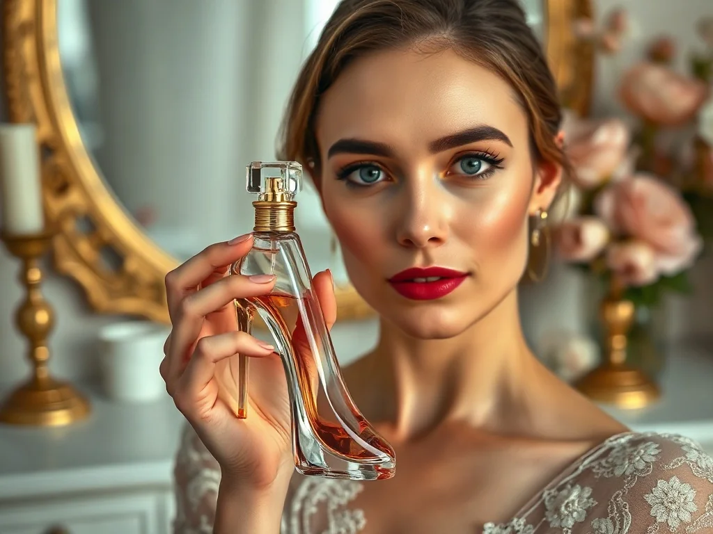 Elegancka kobieta trzymająca flakon perfum Carolina Herrera w kształcie szpilki na tle luksusowej toaletki.