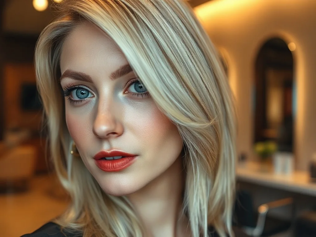 Kobieta z modnym efektem ciemnych odrostów płynnie przechodzących w platynowy blond w nowoczesnym salonie fryzjerskim.