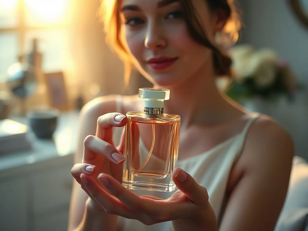 Elegancka kobieta trzymająca minimalistyczny flakon perfum na tle luksusowej toaletki w ciepłym, złotym świetle.