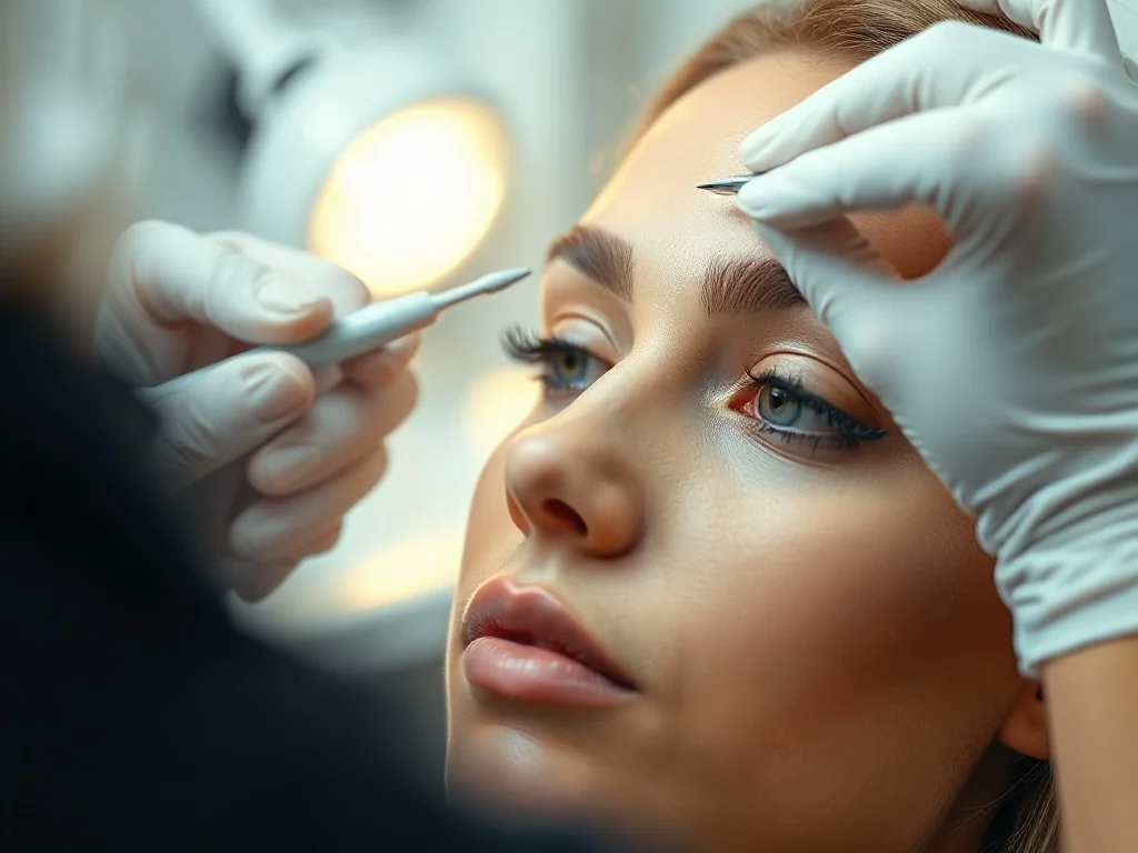 Stylistka wykonuje profesjonalny zabieg microbladingu brwi w nowoczesnym salonie kosmetycznym.