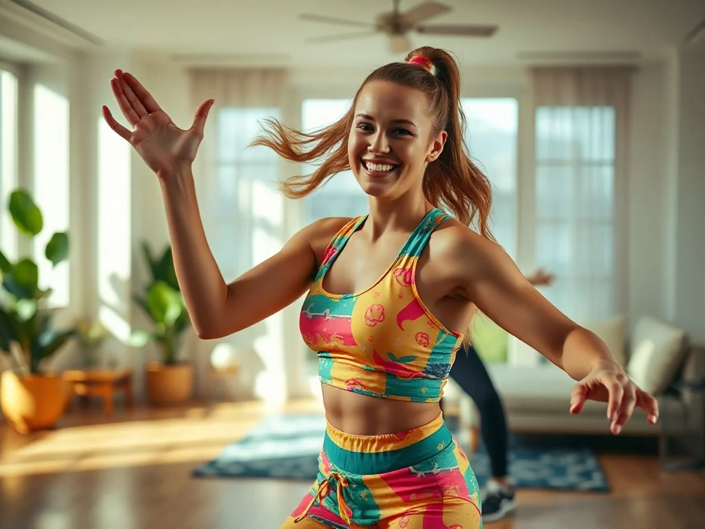 Kobieta w kolorowym stroju sportowym energicznie tańczy zumbę w nowoczesnym salonie, zachęcając do ćwiczeń w domu.