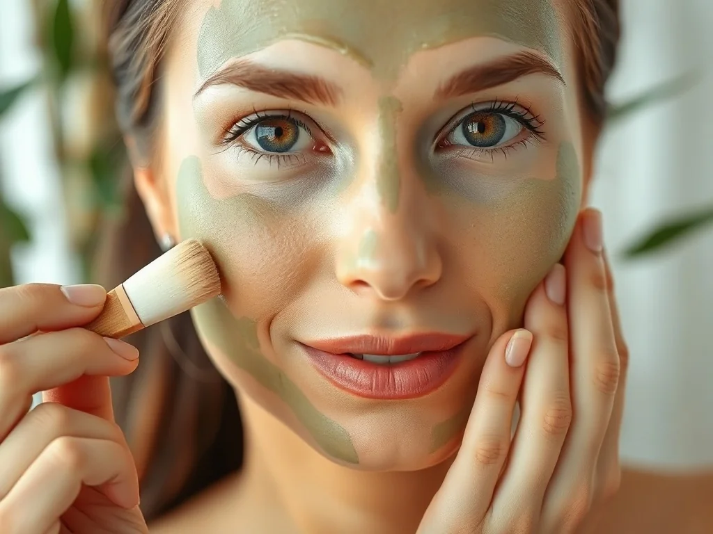 Kobieta nakłada pędzlem kremową maskę z zielonej herbaty na twarz w relaksującej atmosferze spa.